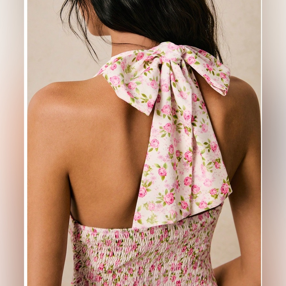 LAST ONE 🔥 White & Pink Rose Floral Halter Midi Dress - Picture 4 of 11
